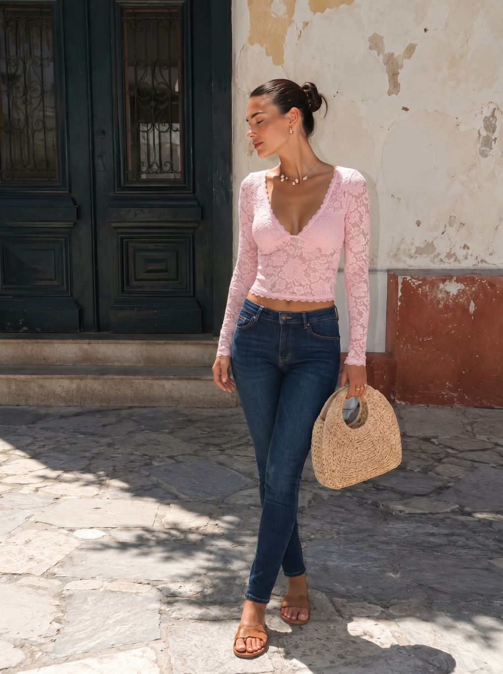 Haut en dentelle transparente rose